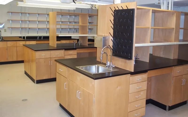 Functional Laboratory Woodwork with Pegboard and Integrated Sink